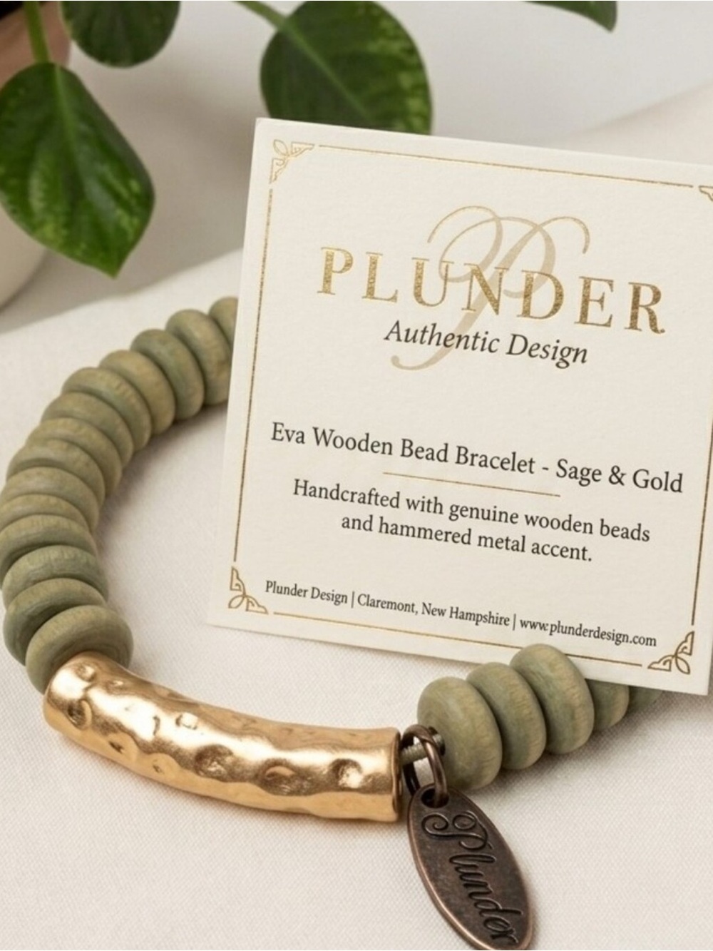Sage Eva Wooden Bead Bracelet with Gold Tone Hammered Accent